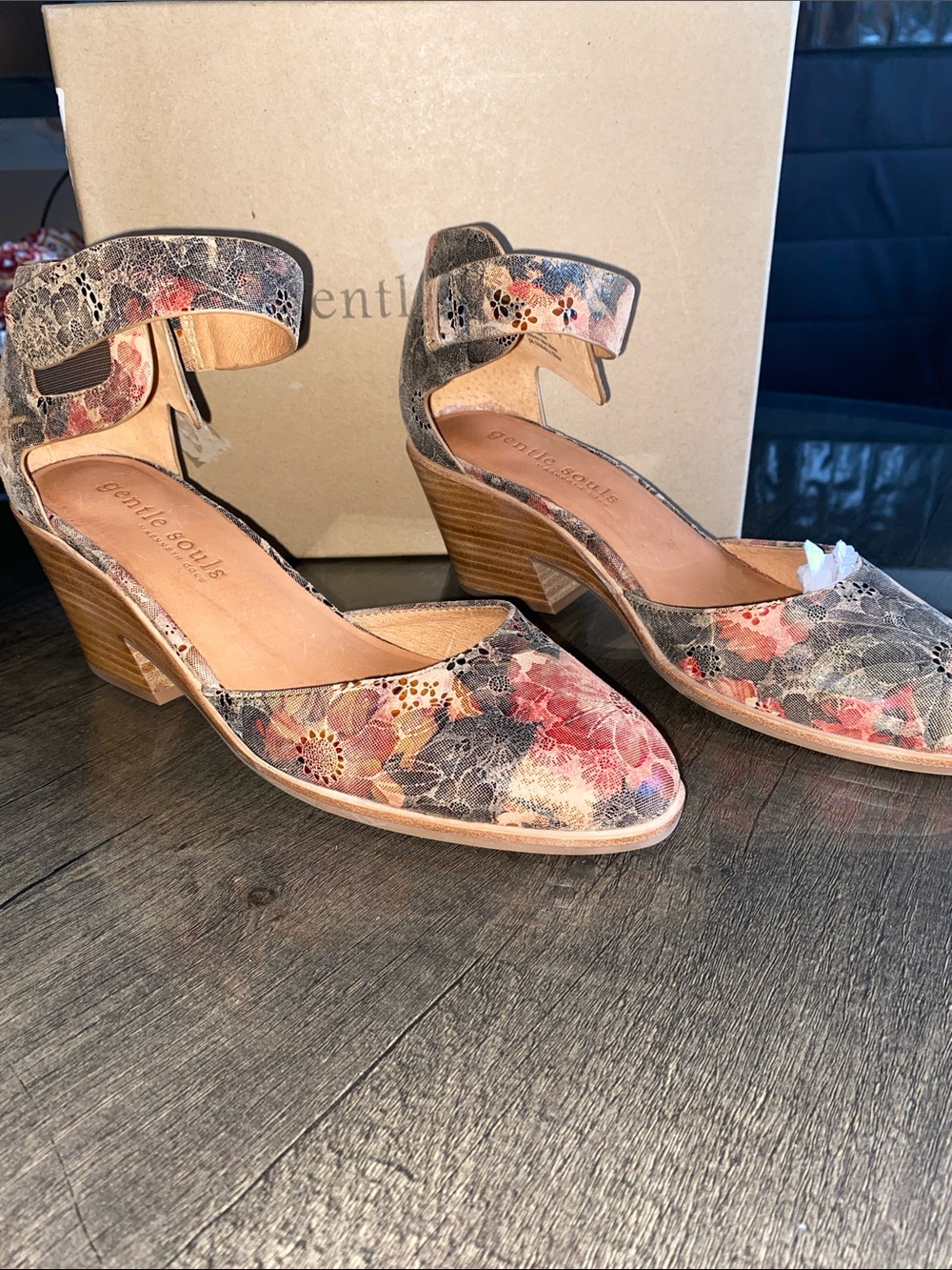 gentle souls Floral Ankle-Strap Heels in Pink, Red, Gray and Cream